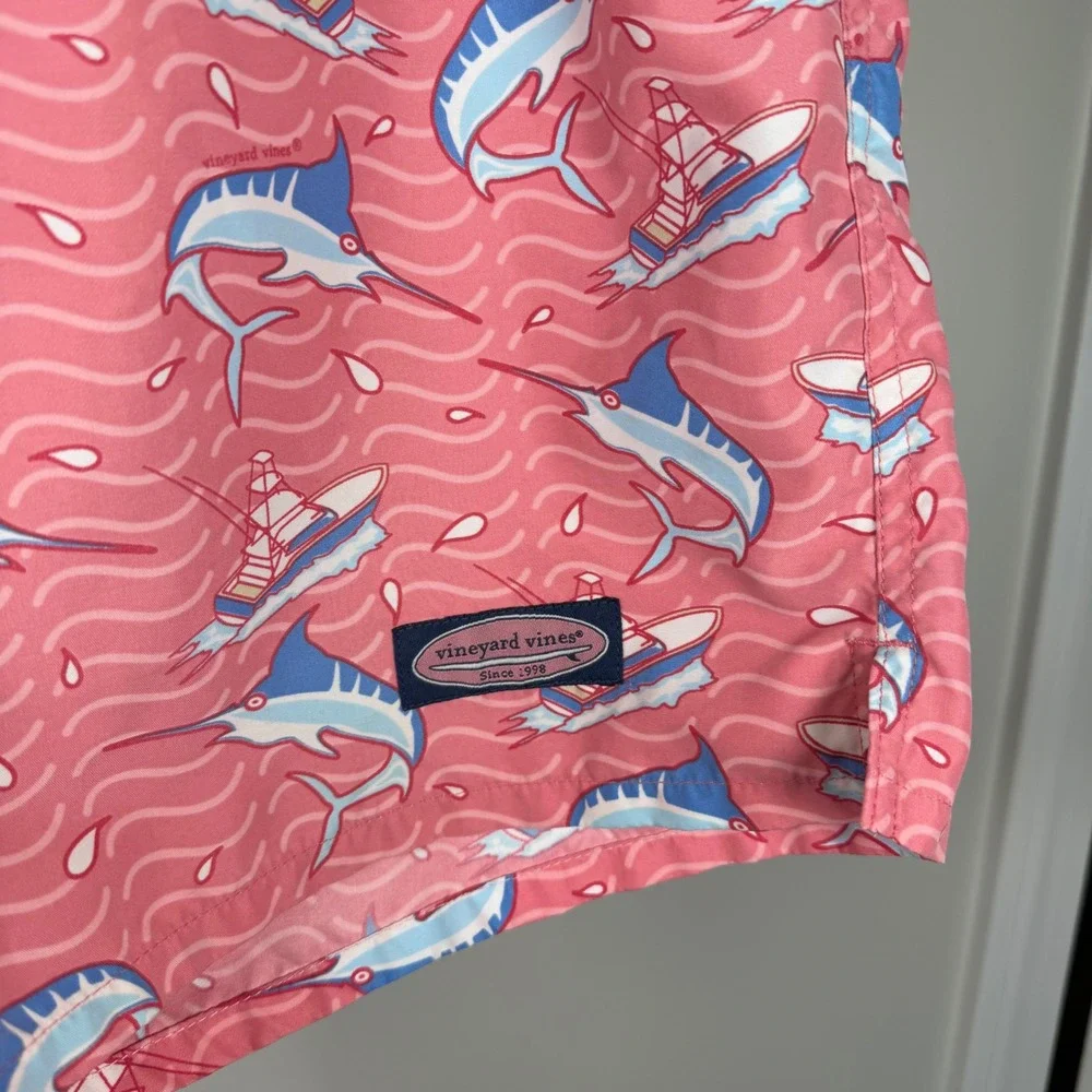 Vineyard Vines Mens Pink Marlin Boat Print Swim Trunks Board Shorts Size Large